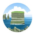 Multilayer Rock Dan Bristy near Irish coast. Colorful ocean view. Simple round icon. Hand-drawn vector illustration