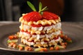 Multilayer waffle cake with ripe strawberries and whipped cream Royalty Free Stock Photo