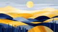 Multilayered Blue And Yellow Desert Landscape With Orange Moon