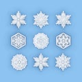 Vector snowflakes collection. Paper Snowflake shapes. Symmetric Papercut snow flake silhouette isolated on blue. Winter