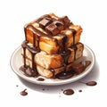 Multilayered Realism: Bread Pudding With Chocolate Sauce And Chips