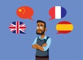 Multilingual Businessman Talking in Multiple Foreign Language Vector Cartoon