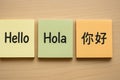 Multilingual Greeting on Sticky Notes Displaying Hello, Hola, and ?? in Different Languages Royalty Free Stock Photo