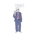 Multilingual man. Character with speech bubbles talking different languages. Male saying welcome phrase and waving hand