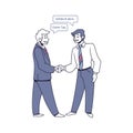 Multilingual people. Characters talking different foreign languages. Office worker greets interlocutor and shakes hands