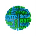 Multilingual text word cloud in the shape of a earth