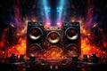 Multimedia acoustic speakers with fire lighting. Sound audio system with sparks the flame