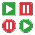 Multimedia buttons set. Red and green play button icon. Vector