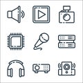 multimedia and electronic line icons. linear set. quality vector line set such as speaker, projector, headphone, server,