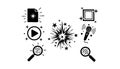 Multimedia icons vector set with magnifying glass, starburst, microphone, play button, and sparkle effects for digital design Royalty Free Stock Photo