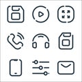 Multimedia line icons. linear set. quality vector line set such as email, settings, smartphone, headphones, call, resize, video