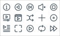 Multimedia line icons. linear set. quality vector line set such as forward, play, playlist, rotate, lens, video, add, mute, back