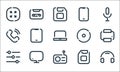 Multimedia line icons. linear set. quality vector line set such as headphones, radio, settings, monitor, call, compact disk,