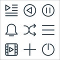 Multimedia line icons. linear set. quality vector line set such as power off, add, video, open menu, shuffle, notification, pause