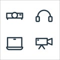 Multimedia line icons. linear set. quality vector line set such as video camera, laptop, headphones