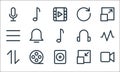 Multimedia line icons. linear set. quality vector line set such as video, sound system, exchange, minimize, film, open menu,