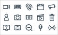 multimedia line icons. linear set. quality vector line set such as wifi, search, computer monitor, microphone, laptop, user, play