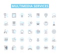 multimedia services linear icons set. Animation, Audio, Branding, Cinematography, Content, Design, Editing line vector