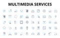multimedia services linear icons set. Animation, Audio, Branding, Cinematography, Content, Design, Editing vector