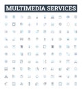 multimedia services vector line icons set. Multimedia, Services, Audio, Video, Animation, Messaging, Streaming