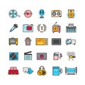 Multimedia sound audio music radio video thin line vector icons with flat elements