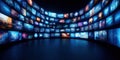 Multimedia streaming wall shows colorful vibrant images. Abstract entertainment background. Various channel images displayed on