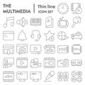 Multimedia thin line icon set. Audio and video symbols collection, sketches, logo illustrations. Technology web signs