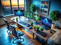 MultiMonitor Tech Workspace with City View at Sunset Royalty Free Stock Photo