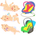 Multinational children, kids playing, baby care objects, newborn items supplies, set of icons Royalty Free Stock Photo