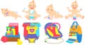 Multinational children, kids playing, baby care objects, newborn items supplies, set of icons Royalty Free Stock Photo