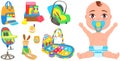 Multinational children, kids playing, baby care objects, newborn items supplies, set of icons Royalty Free Stock Photo