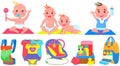 Multinational children, kids playing, baby care objects, newborn items supplies, set of icons Royalty Free Stock Photo