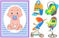 Multinational children, kids playing, baby care objects, newborn items supplies, set of icons Royalty Free Stock Photo