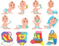 Multinational children, kids playing, baby care objects, newborn items supplies, set of icons Royalty Free Stock Photo