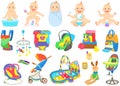 Multinational children, kids playing, baby care objects, newborn items supplies, set of icons Royalty Free Stock Photo