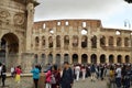Multinational crowd of tourists in front of the Roman Colosseum, Rome, Italy October 7, 2018