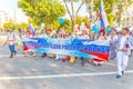 multinational demonstration dedicated to the Day of Russia on June 12 on the embankment of the Volga on a sunny day. The text in