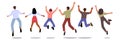 Multinational Happy People Jumping Raising And Waving Hands Rear View. Young Male And Female Characters Feel Happiness Royalty Free Stock Photo