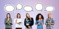 Multinational pensive women students portraits in row, mock up speech bubbles Royalty Free Stock Photo