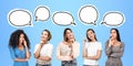 Multinational pensive women students portraits in row, mock up speech bubbles Royalty Free Stock Photo