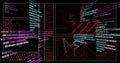 Multipanel interface displaying code, charts, wireframe map and red network grid on tech console Royalty Free Stock Photo