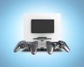 Multiplayer game concept on the console Illustration of joysticks on TV background on blue gradient 3d render