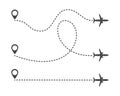 Multiple aircraft routes with dotted lines. Traveler tracks marked with dotted lines. Aircplane tracking on route on white