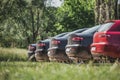 Multiple Alfa Romeo 156s and 159s lined up, parked in nature. Rear of cars perfectly lined up, one red car and multiple black ones