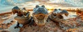 Multiple alligators are seen sitting on top of a sandy beach