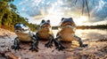 Multiple alligators are seen sitting on top of a sandy beach
