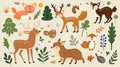 Multiple animals in the forest with stickers, in the style of dau al set, AI generated