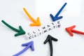 Multiple arrows pointing to cube block combine the word Climate on white background using as environment care, global climate