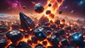 Multiple asteroids floating in space among a backdrop of colorful nebula