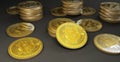 multiple bitcoins on gray background, 3d rendering concept Royalty Free Stock Photo